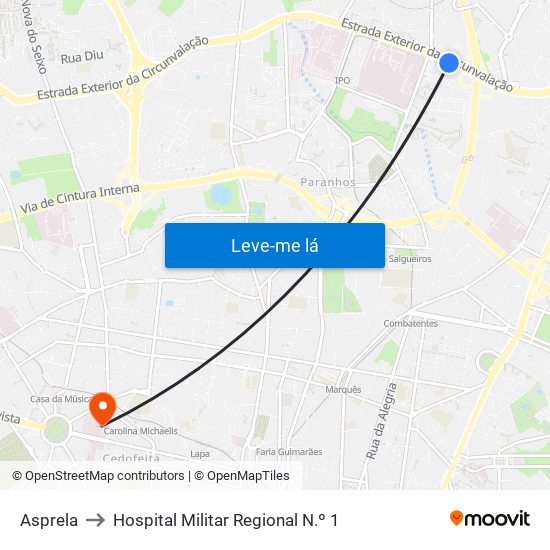 Asprela to Hospital Militar Regional N.º 1 map