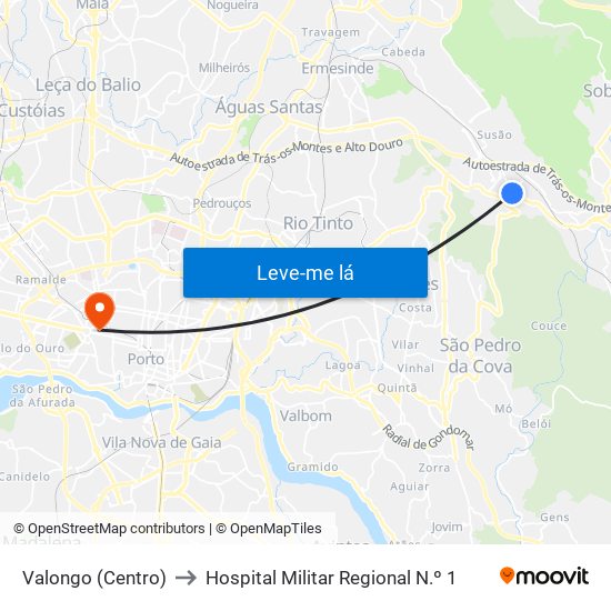 Valongo (Centro) to Hospital Militar Regional N.º 1 map
