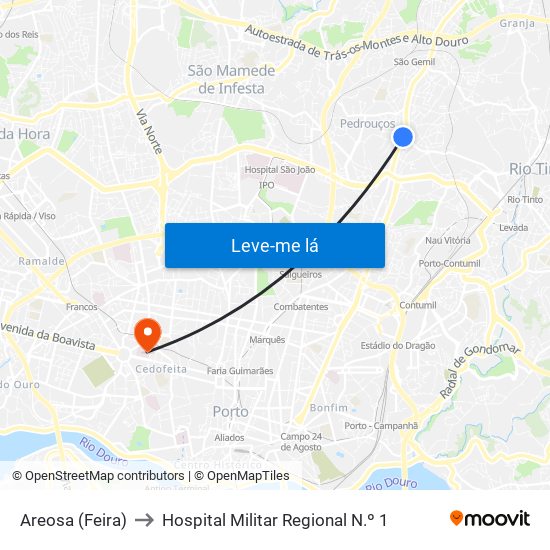 Areosa (Feira) to Hospital Militar Regional N.º 1 map