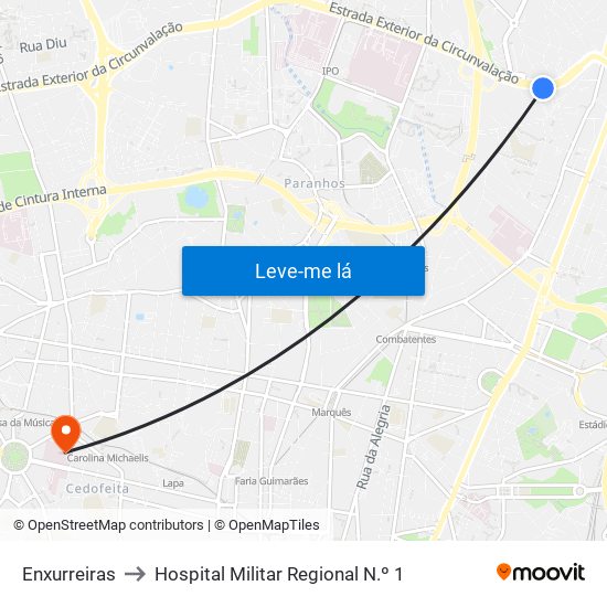 Enxurreiras to Hospital Militar Regional N.º 1 map