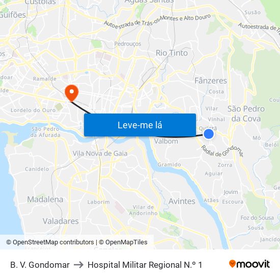 B. V. Gondomar to Hospital Militar Regional N.º 1 map