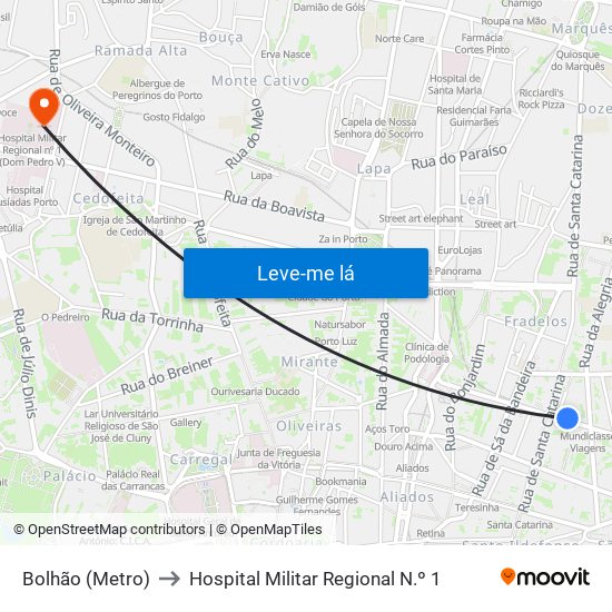 Bolhão (Metro) to Hospital Militar Regional N.º 1 map