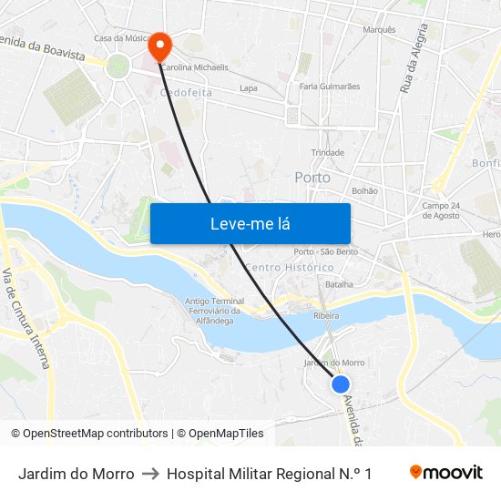 Jardim do Morro to Hospital Militar Regional N.º 1 map