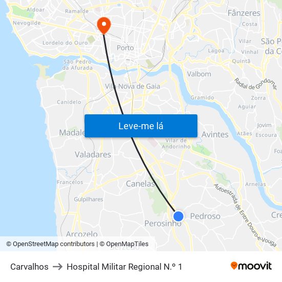 Carvalhos to Hospital Militar Regional N.º 1 map