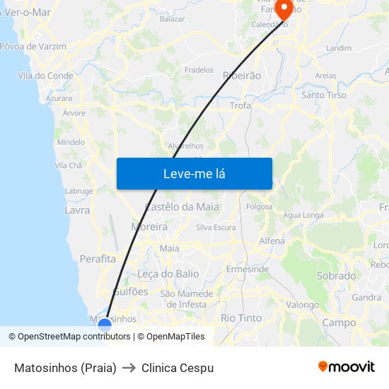 Matosinhos (Praia) to Clinica Cespu map