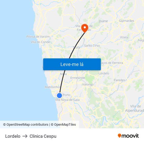 Lordelo to Clinica Cespu map