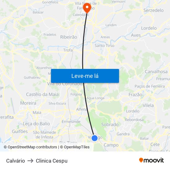 Calvário to Clinica Cespu map