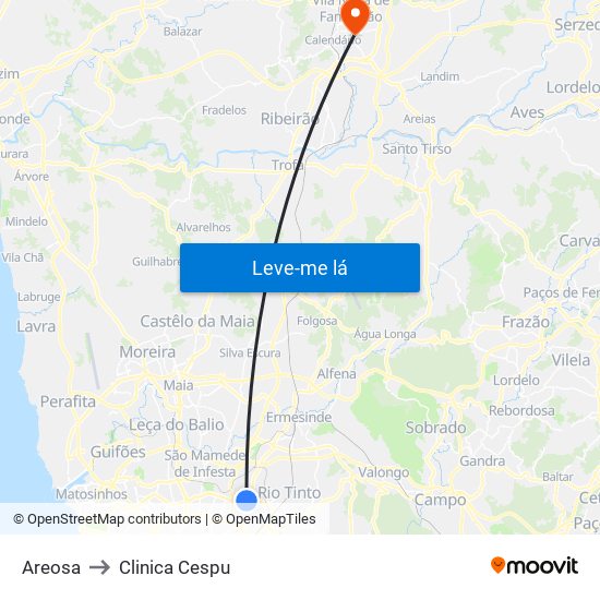Areosa to Clinica Cespu map