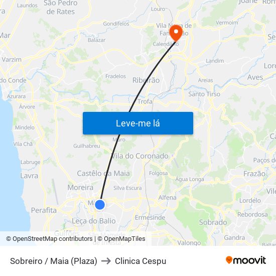 Sobreiro / Maia (Plaza) to Clinica Cespu map