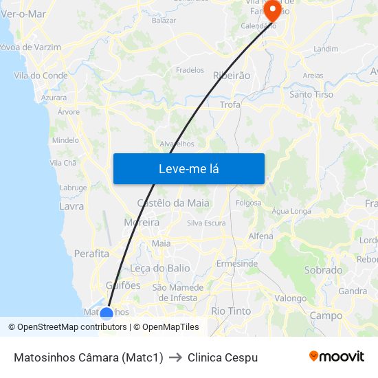Matosinhos Câmara (Matc1) to Clinica Cespu map