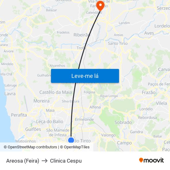 Areosa (Feira) to Clinica Cespu map