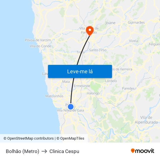 Bolhão (Metro) to Clinica Cespu map