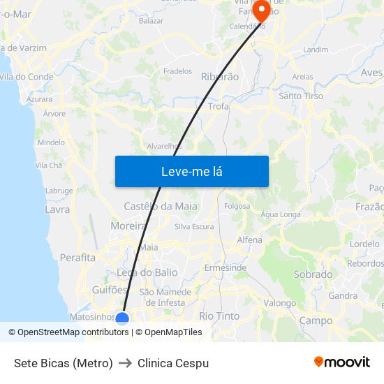 Sete Bicas (Metro) to Clinica Cespu map