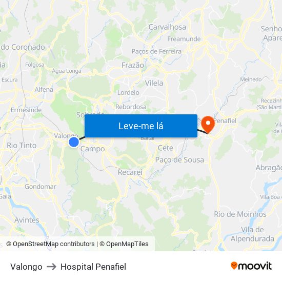 Valongo to Hospital Penafiel map