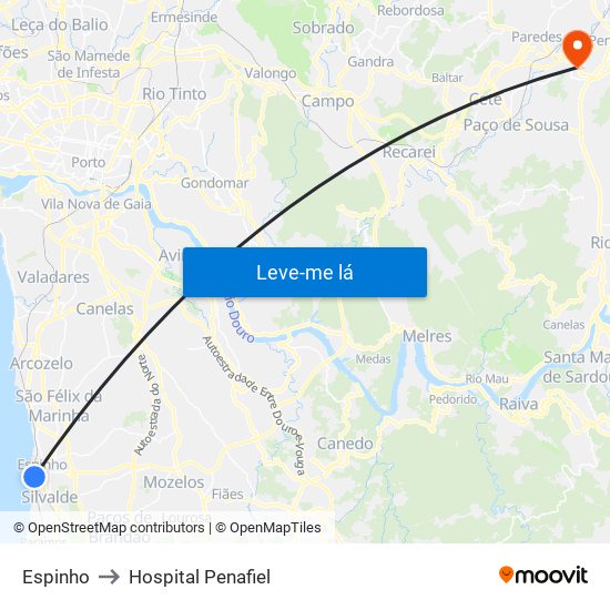 Espinho to Hospital Penafiel map