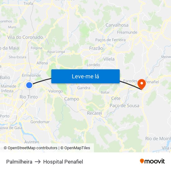 Palmilheira to Hospital Penafiel map