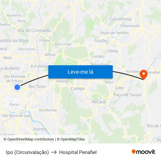 Ipo (Circunvalação) to Hospital Penafiel map