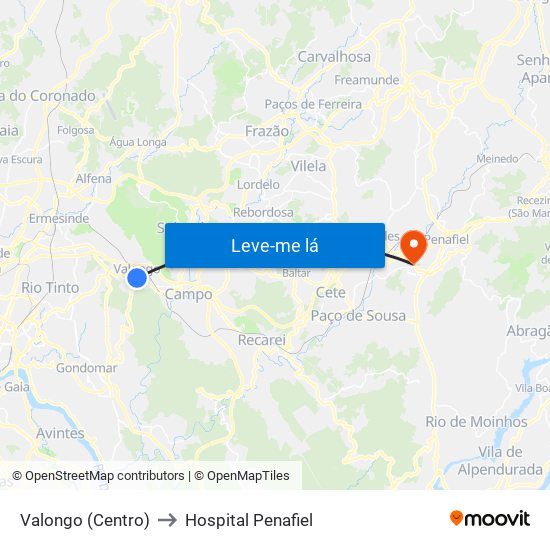 Valongo (Centro) to Hospital Penafiel map