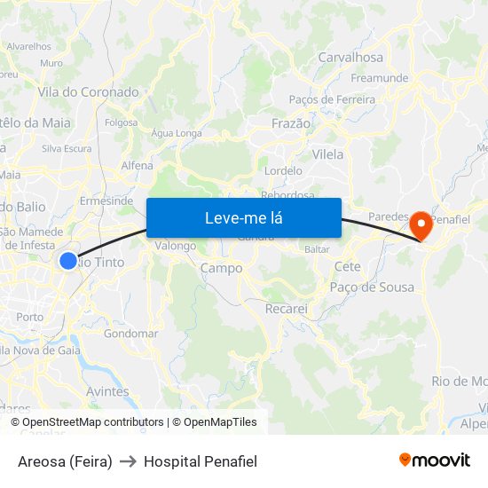 Areosa (Feira) to Hospital Penafiel map