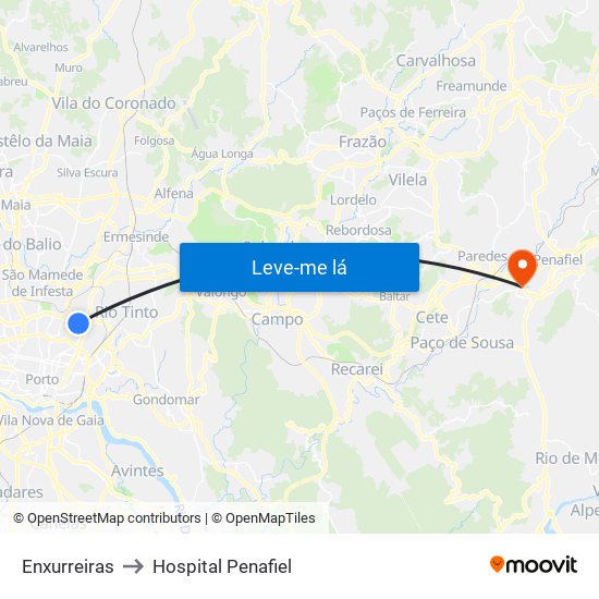 Enxurreiras to Hospital Penafiel map