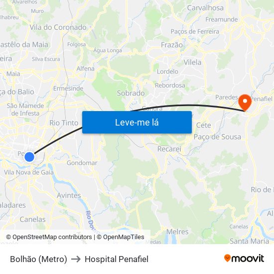 Bolhão (Metro) to Hospital Penafiel map