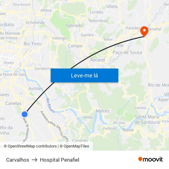 Carvalhos to Hospital Penafiel map
