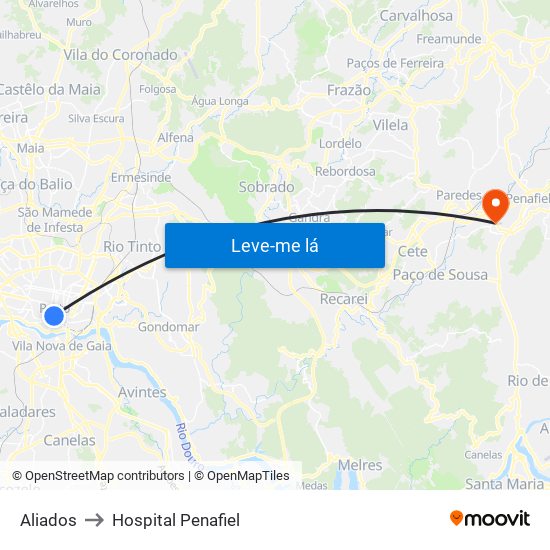 Aliados to Hospital Penafiel map