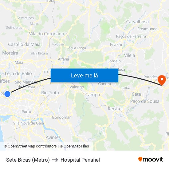 Sete Bicas (Metro) to Hospital Penafiel map