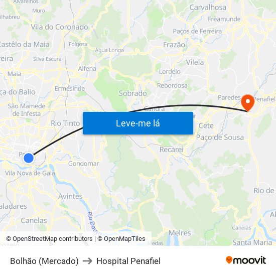 Bolhão (Mercado) to Hospital Penafiel map