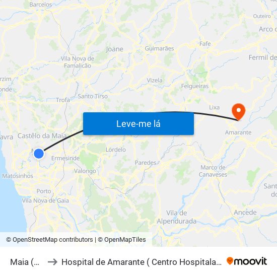 Maia (Fórum) to Hospital de Amarante ( Centro Hospitalar Tâmega e Sousa, EPE ) map