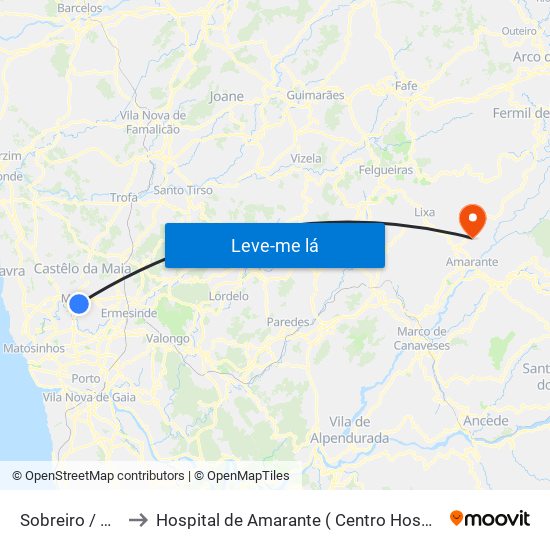 Sobreiro / Maia (Plaza) to Hospital de Amarante ( Centro Hospitalar Tâmega e Sousa, EPE ) map