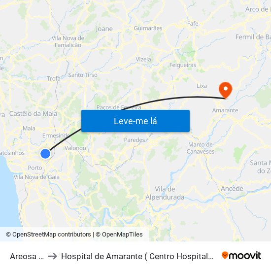 Areosa (Feira) to Hospital de Amarante ( Centro Hospitalar Tâmega e Sousa, EPE ) map