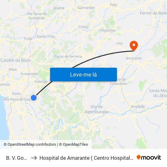 B. V. Gondomar to Hospital de Amarante ( Centro Hospitalar Tâmega e Sousa, EPE ) map