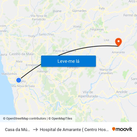 Casa da Música (Metro) to Hospital de Amarante ( Centro Hospitalar Tâmega e Sousa, EPE ) map