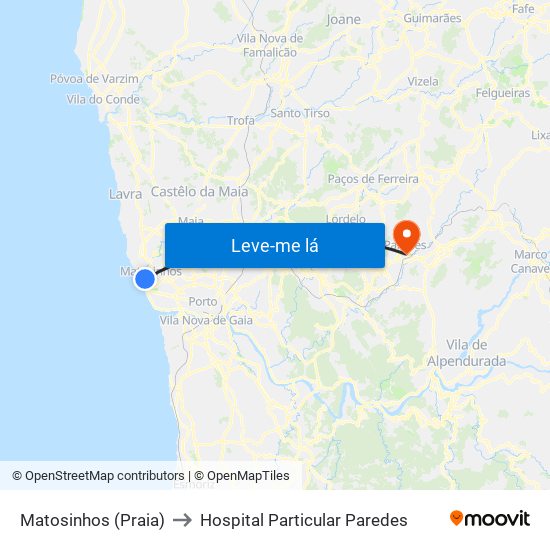 Matosinhos (Praia) to Hospital Particular Paredes map