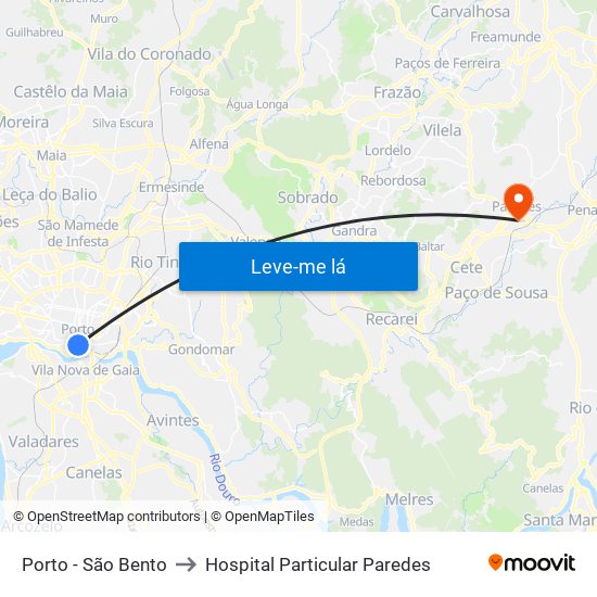 Porto - São Bento to Hospital Particular Paredes map