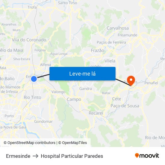 Ermesinde to Hospital Particular Paredes map