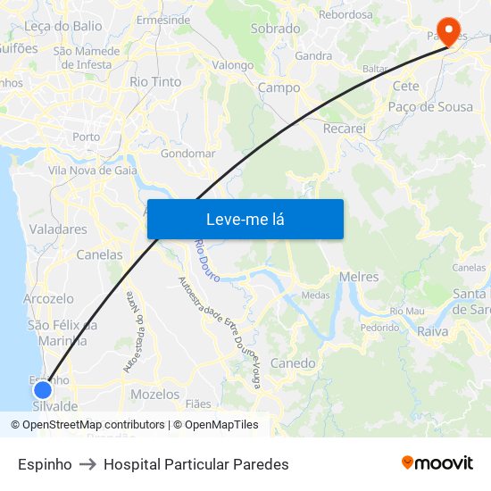 Espinho to Hospital Particular Paredes map