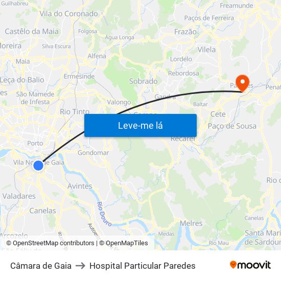 Câmara de Gaia to Hospital Particular Paredes map