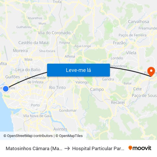 Matosinhos Câmara (Matc1) to Hospital Particular Paredes map