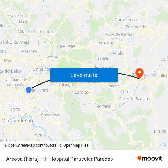 Areosa (Feira) to Hospital Particular Paredes map