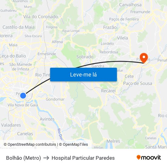 Bolhão (Metro) to Hospital Particular Paredes map