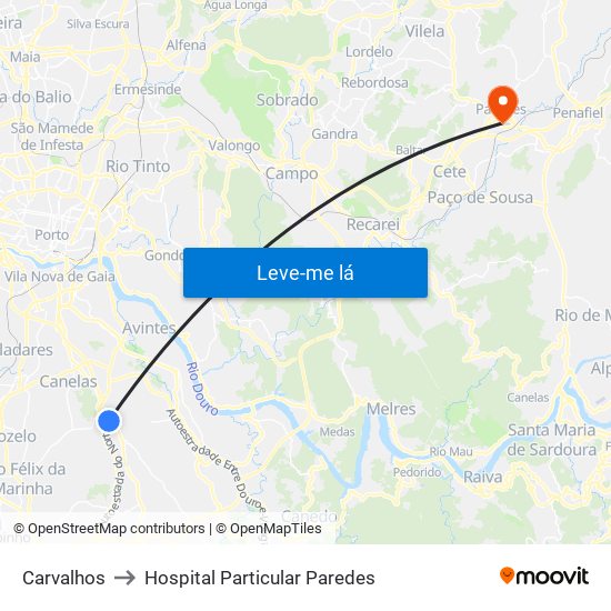 Carvalhos to Hospital Particular Paredes map