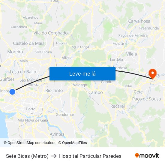 Sete Bicas (Metro) to Hospital Particular Paredes map