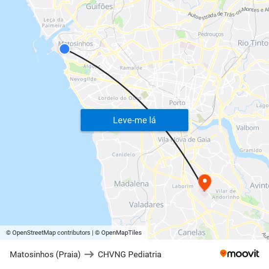 Matosinhos (Praia) to CHVNG Pediatria map