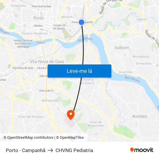Porto - Campanhã to CHVNG Pediatria map