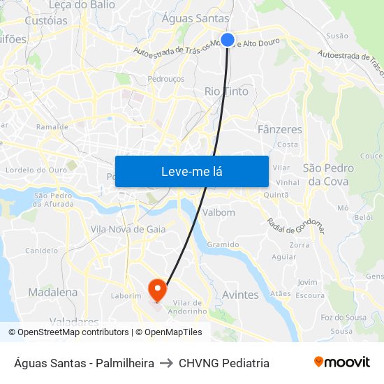 Águas Santas - Palmilheira to CHVNG Pediatria map