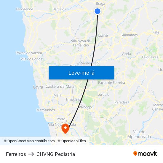 Ferreiros to CHVNG Pediatria map