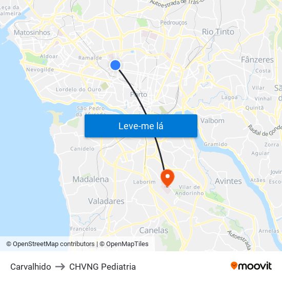 Carvalhido to CHVNG Pediatria map