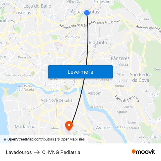 Lavadouros to CHVNG Pediatria map